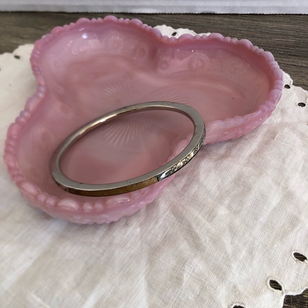 Vtg Wood Inlay Silver Tone Bangle Bracelet